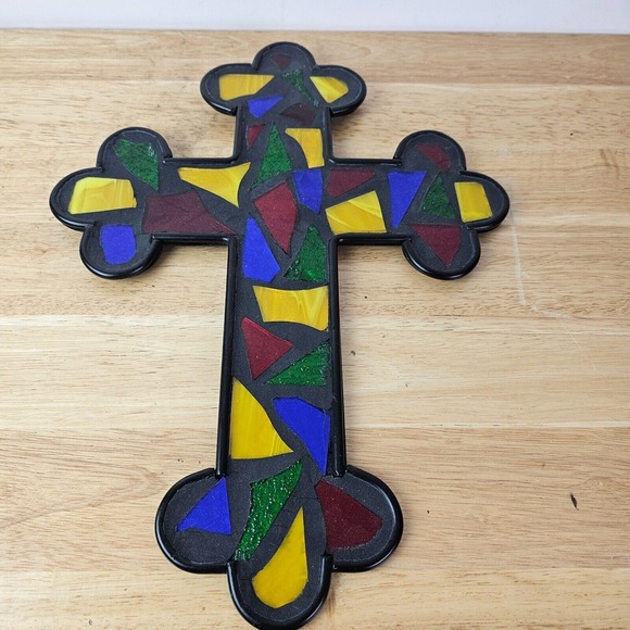 Mosaic Stained Glass Colorful Green Red Blue Yellow Cross Hanging Wall Decor 16